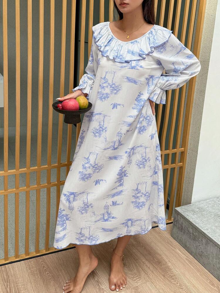 Women's Landscape Pattern Printed Ruffle Hem Nightgown Pajama