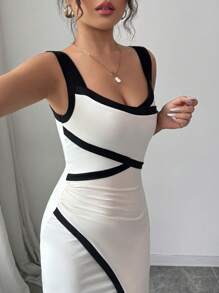 Chiquease French Elegant Waist-Gathered Ruffle Splice Backless Slit Bodycon Dress For Women - Apricot - View 3