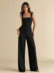 SHEIN BAE Women's Elegant Black Sleeveless Backless Tie Waist Jumpsuit, Sexy & Chic, Suitable For Daily, Dates, Parties, Holidays, Going Out, Romantic Occasions, Spring/Summer