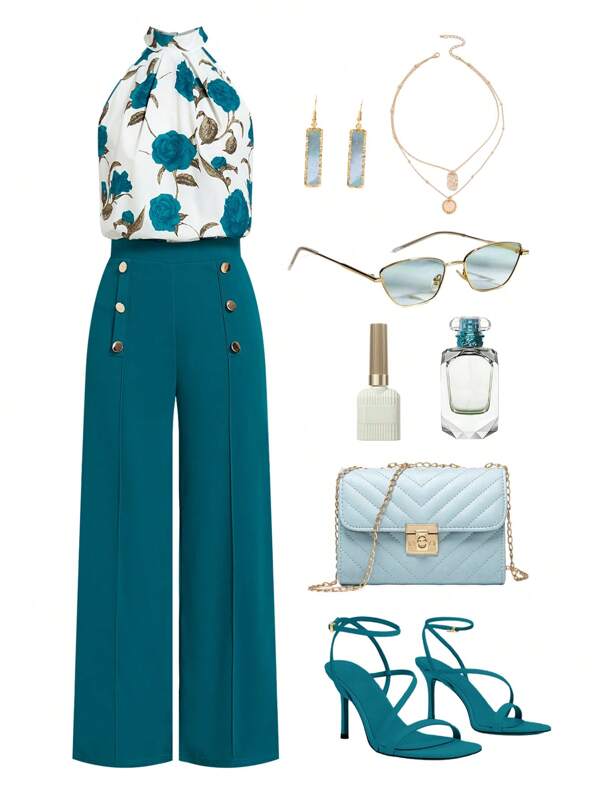 Ellevyn 2pcs Set Women Elegant Print Cold-Shoulder Top & Straight Wide-Leg Pants Summer Outfits Women Summer Sets Outfit Set  Business Casual Woman Country  Business Casual Woman   Ounge Sets For Women  Teacher Outfits For Women Fall Women Clothes