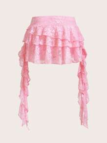 SHEIN ICON 低腰度假风休闲性感白色蕾丝荷叶边下摆迷你裙搭配安全短裤，防闪光 - 粉色 - 查看 2