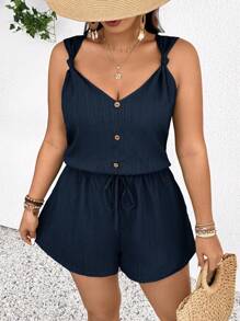 SHEIN Frenchy Mono de verano para mujer de talla grande de unicolor con cuello en V, botones y espalda descubierta - Azul Marino - Ver 1