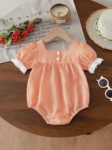 Baby Girl Cute Plaid Floral Embroidery Bodysuit, Spring/Summer - Orange - View 2