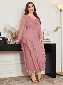Modelyn Plus Size Spring&Summer Elastic Mesh Scoop Neck Ruffle Hem Bodycon Elegant Dress - Dusty Pink - View 3