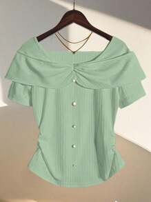 GlowEve Knitted Striped Textured Splice Button Decor Luxurious French Style White Summer Ladies Short Sleeve Top - Olive Green - View 7