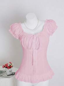 SHEIN Unity 女式夏季纯色收腰荷叶边系带短袖衬衫 - 粉色 - 查看 1