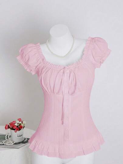 SHEIN Unity 女式夏季纯色收腰荷叶边系带短袖衬衫