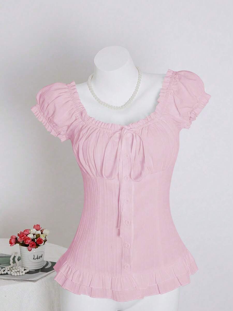 SHEIN Unity 女式夏季纯色收腰荷叶边系带短袖衬衫 - 粉色 - 查看 1