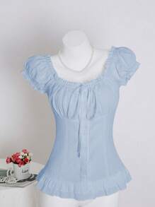 SHEIN Unity Women's Summer Solid Color Ruffle Trim Tie Waist Short Sleeve Blouse - Blue - View 1