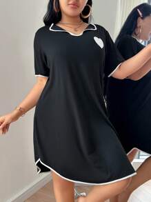 SHEIN 女士休闲睡衣撞色镶边 V 领短袖 T 恤连衣裙 - 黑色 - 查看 5