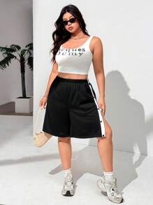 SHEIN EZwear Plus Size Black & White Loose Fit Slit Athletic Biker Shorts For Summer