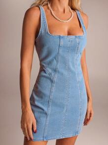 SHEIN Forever 21 Women's Casual Square Neck Cinched Waist Denim Dress, Summer Women Denim Dress Denim Mini Dress Curve Denim Dress - Baby Blue - View 6