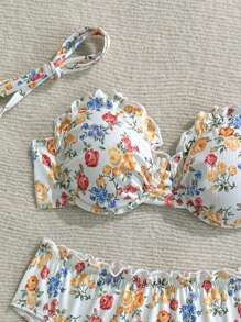 Swim Mod 2pcs Women Beach Swimsuit Set, Sweet Casual Random Print Adjustable Straps Ruffled Trim Padded Bikini For Summer Beach Vacation - Multicolor - View 6