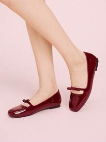 CUCCOO DOLLMOD Wine Red Round Toe Strap Bow Ballerina Flats, Fashion Comfortable Women Shoes For Commute, Party, Outing, Vacation For Christmas Spring Shoes - Burgundy - View 5