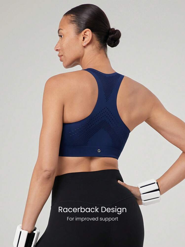 Power Up Sweat-Wicking Soft Bonding Mesh Jelly Strip Supportive Sports Bra Medium Impact Running Jogging Training Gym Workout Removable Cups