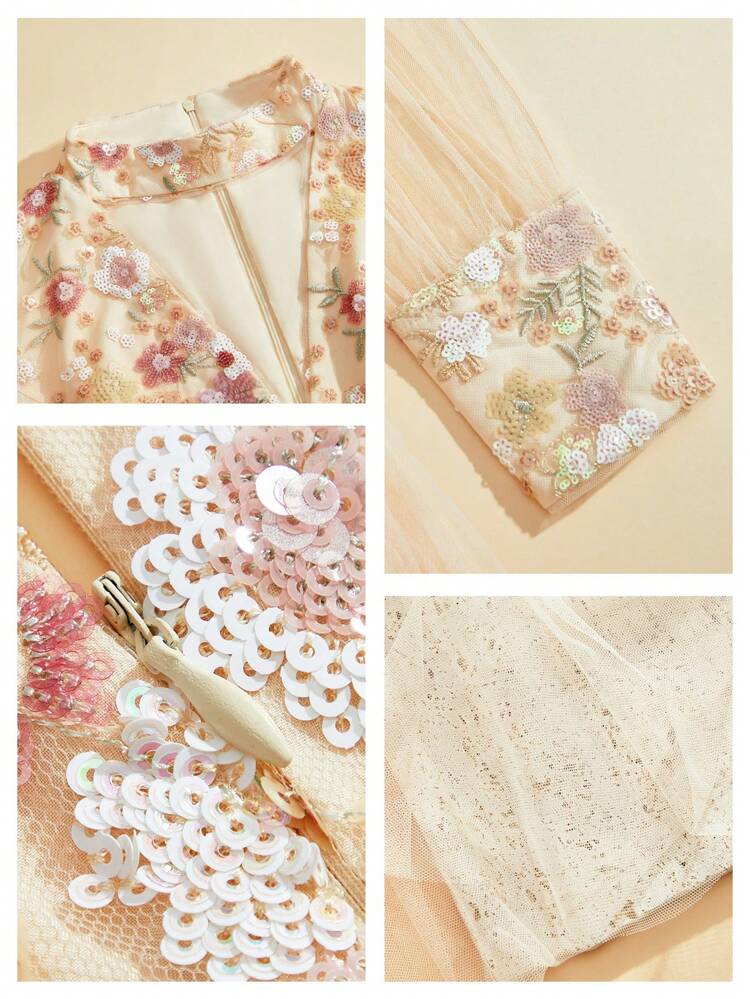 Robe élégante de femme avec broderie colorée, manches longues, robe de fête pour invités de mariage avec patch, plissé et ourlet en tulle