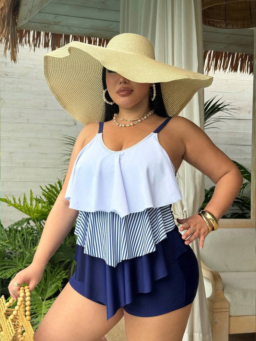 SHEIN Swim Lushore Plus Size Women Summer Beach Striped Ruffled ...