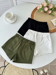 SHEIN 3件套女童黑色、军绿色、白色牛仔短裤 - 彩色 - 查看 4