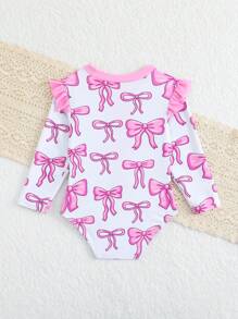 SHEIN 女婴蝴蝶印花荷叶边盖袖拉链连体泳衣 - 粉色 - 查看 2