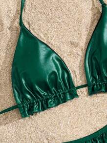 SHEIN Swim 2 件套女士纯色褶皱三角挂脖比基尼套装，荷叶边下摆，优雅精致的泳衣 - 墨綠色 - 查看 7