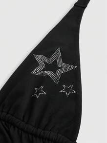 ROMWE Goth Y2K Sexy Starry Rhinestones Pendant Backless Women Halter Dress - Black - View 3
