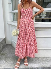 SHEIN LUNE Váy hai dây buộc nơ giản dị, Đầm xuân/hè hè dành cho nữ - Đỏ và trắng - Xem 4