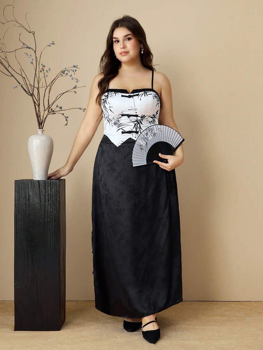 SHEIN MOD 加大码女式中国风暗纹印花松紧腰 A 字裙,手工纽扣和开衩设计,适合优雅、度假、派对、浪漫场合,黑色 - 黑色 - 查看 1