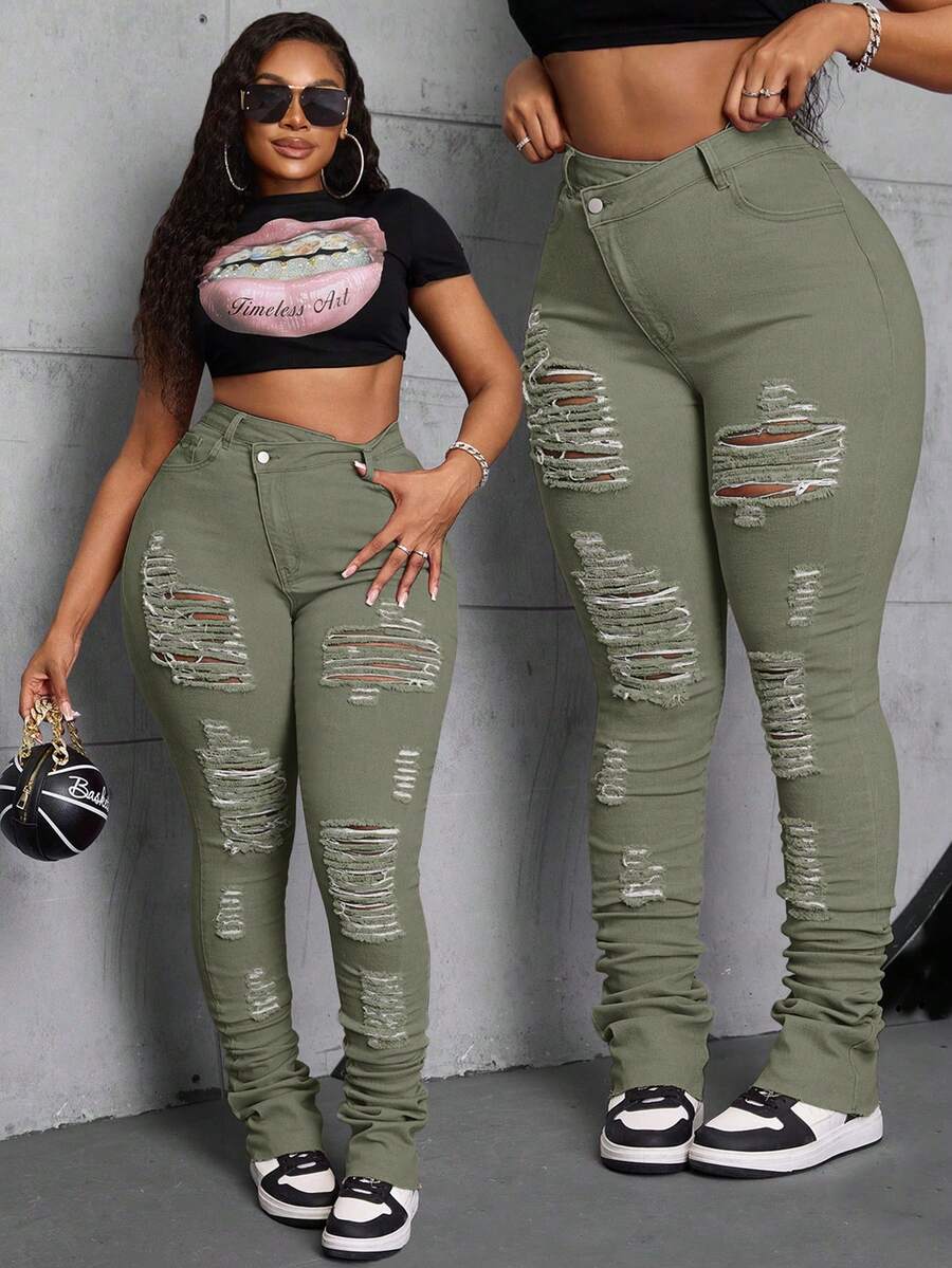 SHEIN SXY Quần Jeans Co Giãn Màu Hồng Co Giãn Không Đối Xứng Cỡ Lớn Cho Nữ - màu xanh lá - Xem 1