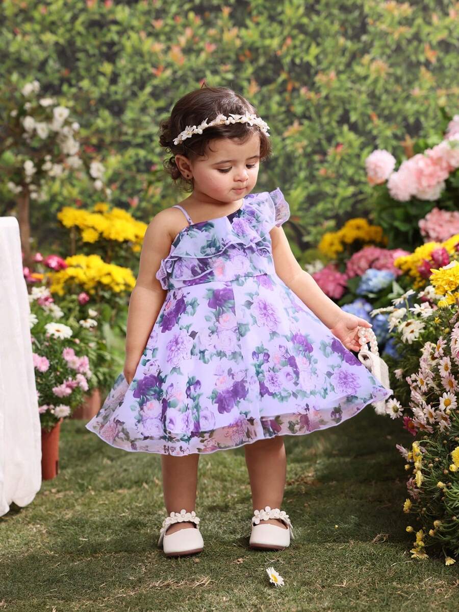 SHEIN Babygirl Elegant Floral Print Organza Summer Dress - Multicolor - View 1