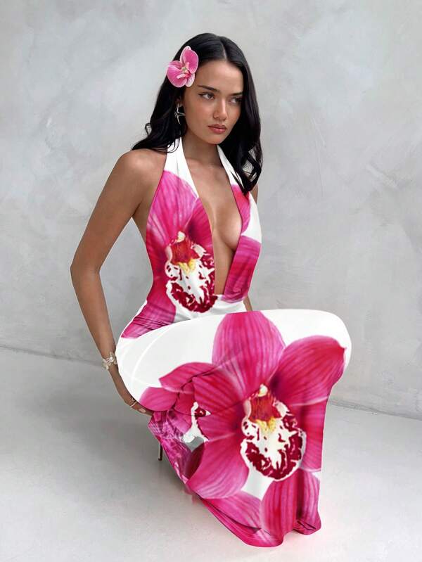 Aloruh Women's Elegant Orchid Flower Allover Print Plunging Neck Dress, Suitable For Summer, Beach, Festival, Party,Bohemian Clothes,Bodycon Dress Chic Dress