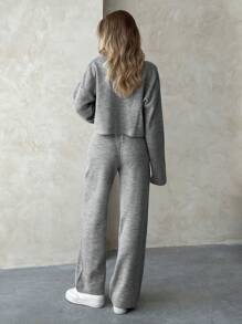 EURMUSE Ensemble de pantalon et cardigan femme à col en V avec boutons devant de couleur unie - Gris - Voir 2