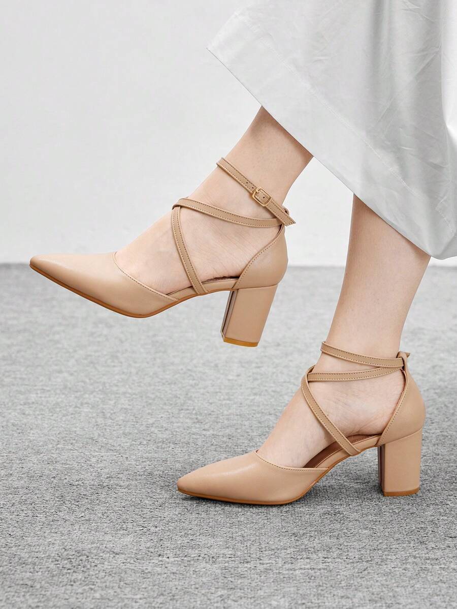 CUCCOO BIZCHIC Women's Fashion Apricot Color Ankle Strap Pointed Toe Chunky High Heel Pumps, Suitable For Commuting, Dates, Parties, Shopping, Holidays For Christmas - Apricot - View 1