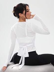 Solid V-Neck Sheer Long Sleeve Athletic T-Shirt, Summer - White - View 2