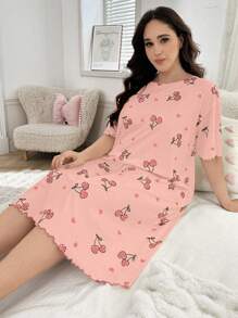 CottageSlumber Plus Size Women Cherry Print Short Sleeve Sleepshirt With Lettuce Trim, Moo Moo Sleep Dress - Multicolor - View 3