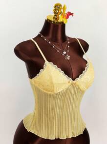 Amplova 女式蕾丝拼布生菜下摆吊带背心 - 黃色 - 查看 7