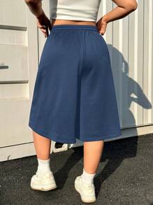 SHEIN EZwear 大码休闲超宽蓝色七分裤长运动短裤，春夏 - 藍色 - 查看 3