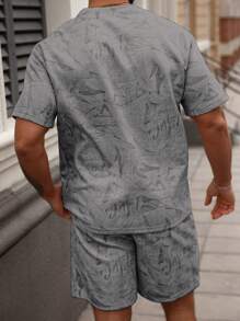 Manfinity CasualCool 2 件男士夏季休闲全身印花短袖 T 恤和短裤套装男士 2 件套服装短套装，秋季服装羊毛，舒适服装 - 灰色 - 查看 2