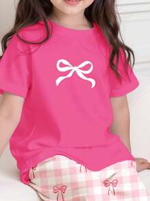 SHEIN Tween Girls Casual Minimalist Crew Neck Short Sleeve Shorts Pajama Set, Suitable For Summer - Multicolor - View 3