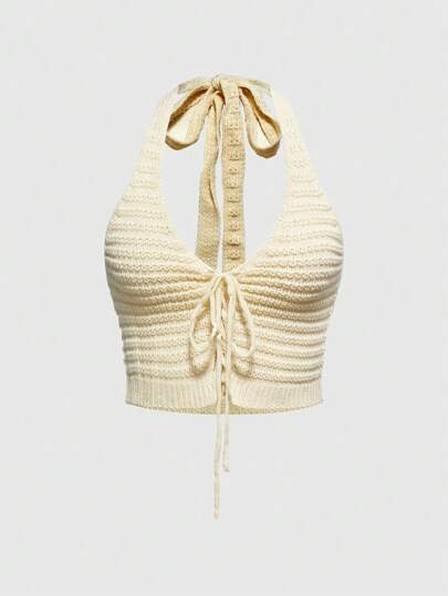 Women's Sleeveless Solid Color Knit Tie-Up Tank Top, For Spring/Summer