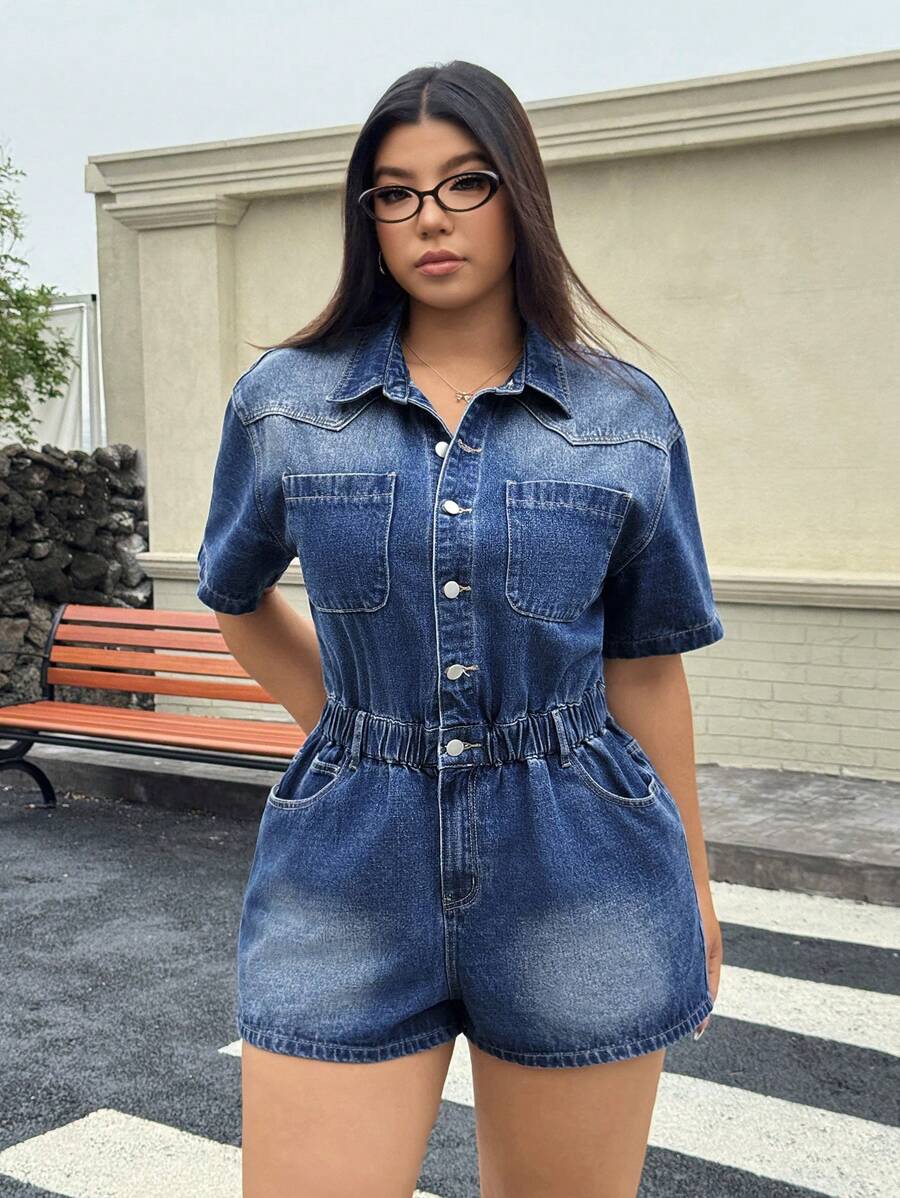 SHEIN ICON Women Plus Size Summer Cool Sexy Style Open Back Belted Denim Jumpsuit