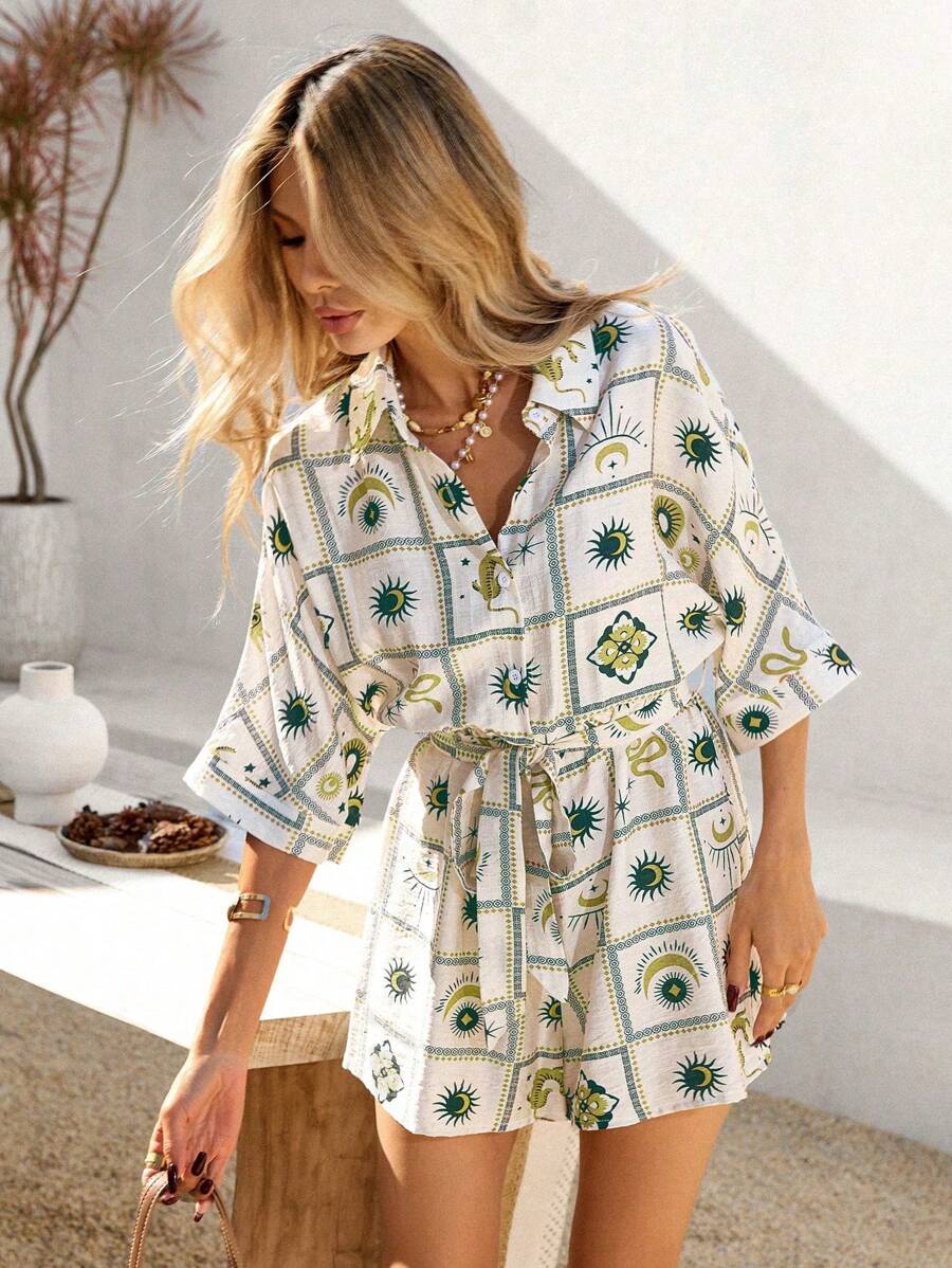 Vivid Eden Women's Casual Allover Print Romper,Vacation Style, Women Summer Clothing - Multicolor - View 1