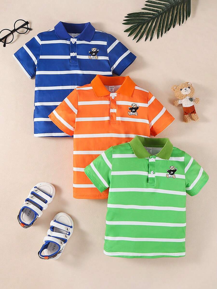 3 件买 1 送 2 男童 Polo 领经典流行撞色条纹刺绣小熊 T 恤,适合夏季外出 - 彩色 - 查看 1