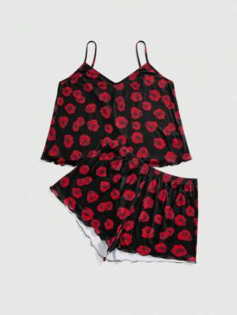 Goth Pyjama-Set mit Camisole und Shorts im Dunkelrosen-Print Große Größen