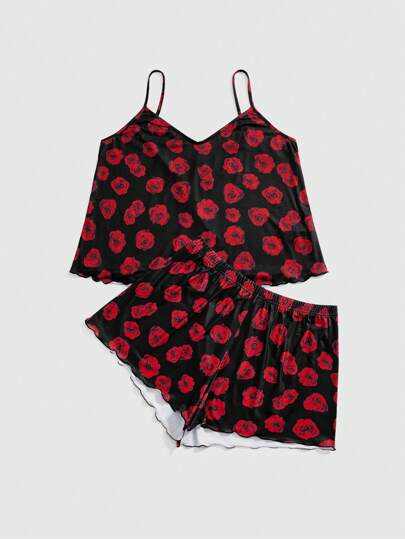 Goth Plus Size Dark Rose Print Camisole & Shorts Pajama Set