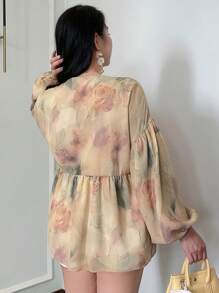 Dazy Plus Plus Size Floral Print V-Neck Puff Sleeve Smock Blouse, Resort Style Pullover Blouse, Back To School Clothes Fall Vacation - Apricot - View 2