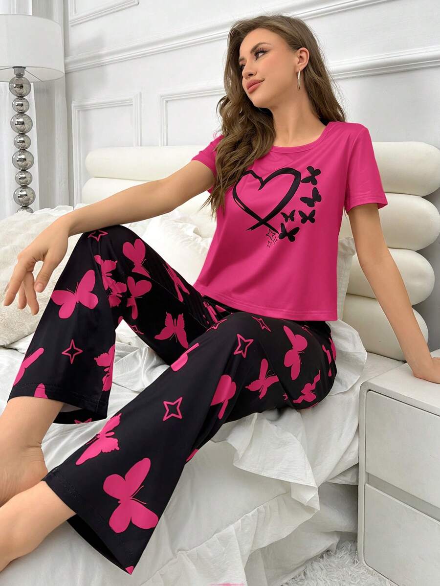 Heart & Butterfly Print Women Pajama Set, Short & Long Style