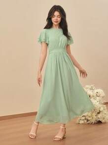 SHEIN 优雅青少年简约时尚圆领短袖高腰长款雪纺绿色连衣裙，适合夏季婚礼、花童、毕业典礼、女孩