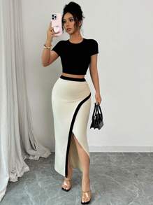 Selianne Damen eleganter, geraffter asymmetrischer Bodycon Rock mit hohem Schlitz und Kontrastfarben, dehnbar