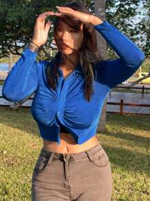 DAZY Collared Ruched Cropped Tight Fit Street-Style Long Sleeve T-Shirt - Royal Blue - View 1