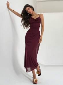Aloruh Romantic Asymmetrical Halter Big Backless Tie Maxi Mesh Dress For Women, Pink & Purple Summer Outfits For Women,Bodycon Dress - Red Violet - View 5